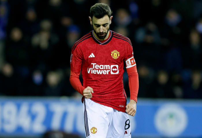 Manchester United captain Bruno Fernandes pictured celebrating after scoring in a 2-0 win at Wigan Athletic in the FA Cup in January 2024